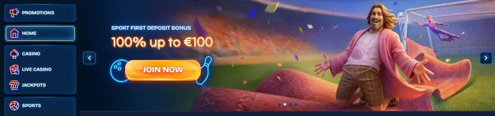 Kasyno i sport w jednym menu DudeSpin Casino – menu kasyna i sportu oraz baner na stronie głównej